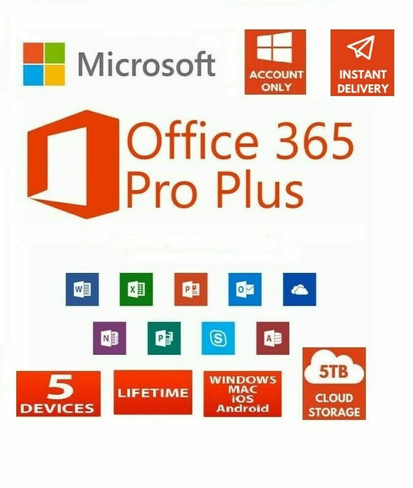 Microsoft Office 365 Pro Plus 2019✅Lifetime New Account ✔️5 Devices+5TB FREE ⭐